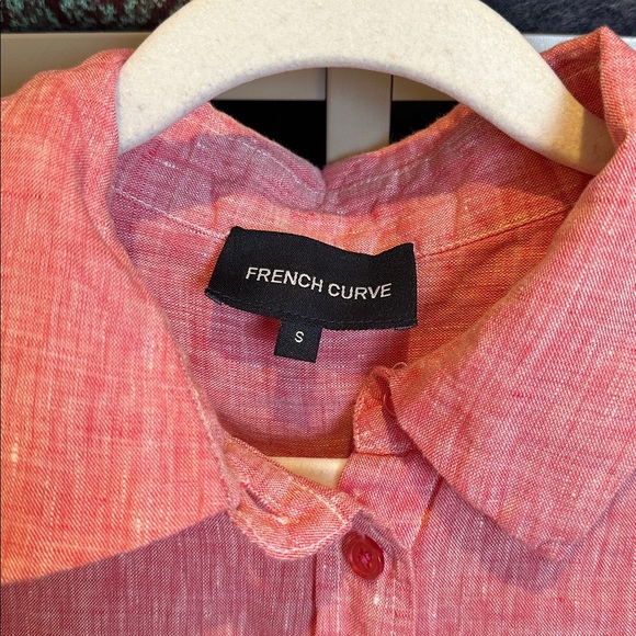 French Curve pink linen long roll tab sleeve 2 pocket button down shirt size S - Picture 2 of 3
